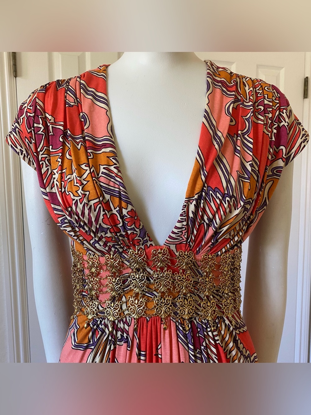 Vintage Y2K Sky Brand orange print short sleeve mini dress gold metal detail M - Picture 2 of 8